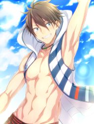 Rule 34 | 10s, 1boy, akuno hideo, alternate costume, arm up, armpits, blue eyes, blush, brown hair, cloud, cowboy shot, day, grin, headset, hood, hoodie, idolmaster, idolmaster side-m, jewelry, looking at viewer, male focus, muscular, navel, necklace, nesuop (sm nesuop), open clothes, sharp teeth, sky, sleeveless, sleeveless hoodie, smile, solo, teeth