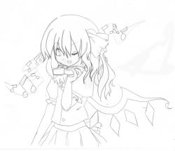 Rule 34 | 1girl, dress, female focus, flandre scarlet, greyscale, hair ribbon, headphones, headphones around neck, monochrome, musical note, noorrzz, one eye closed, one side up, ponytail, ribbon, short hair, side ponytail, sketch, skirt, solo, touhou, traditional media, white background, wings, wink