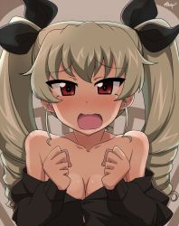 Rule 34 | 1girl, anchovy (girls und panzer), artist name, bare shoulders, black ribbon, black shirt, blush, breasts, clothes pull, commentary, dress shirt, drill hair, frown, girls und panzer, green hair, hair ribbon, highres, kurosawa shouichi, long hair, long sleeves, looking at viewer, medium breasts, off shoulder, open mouth, red eyes, ribbon, shirt, shirt pull, signature, solo, twin drills, twintails, upper body