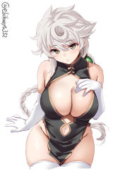 Rule 34 | 1girl, alternate costume, asymmetrical hair, black dress, blush, braid, breasts, china dress, chinese clothes, cleavage cutout, clothing cutout, dress, ebifurya, elbow gloves, gloves, hair between eyes, hand on own chest, highres, kantai collection, light smile, looking at viewer, no panties, pelvic curtain, side slit, silver hair, simple background, single braid, sitting, solo, thighhighs, twitter username, unryuu (kancolle), wavy hair, white background, white gloves, yellow eyes