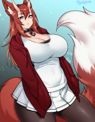 Rule 34 | 1girl, agawa ryou, animal ears, blue background, breasts, brown eyes, brown hair, collar, commission, fox ears, fox tail, gradient background, hands in pockets, heterochromia, horns, large breasts, looking at viewer, original, pantyhose, signature, skirt, solo, tail, thick thighs, thighs
