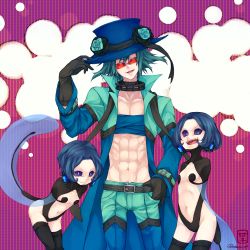 Rule 34 | 1boy, 2girls, abs, amaco4, belt, black gloves, black legwear, blue cape, blue eyes, blue hair, blue hat, bow, breasts, cape, collar, creatures (company), earrings, flower, game freak, gen 5 pokemon, gloves, hand in pocket, hands on headwear, hat, hat bow, hat flower, jewelry, leaning forward, looking at viewer, midriff, multiple girls, navel, nintendo, no arms, open mouth, personification, pokemon, red-framed eyewear, red-tinted eyewear, seismitoad, small breasts, sunglasses, thighhighs, tinted eyewear, top hat, tympole, watermark