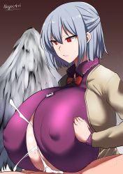 Rule 34 | 1boy, 1girl, artist name, breasts, breasts squeezed together, censored, clothed female nude male, covered erect nipples, cum, ears, ejaculation, ejaculation between breasts, expressionless, feathered wings, gradient background, grey hair, hetero, highres, huge breasts, kishin sagume, lips, megao 3rd, nude, paizuri, paizuri under clothes, penis, red eyes, short hair, simple background, single wing, solo focus, touhou, tsurime, wings