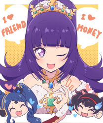 Rule 34 | 3girls, :d, ^ ^, bare shoulders, black hair, blue hair, blunt bangs, blush, cbgb, chibi, chibi inset, closed eyes, crown, english text, flipped hair, fur trim, garara s leep, gem, gold necklace, green gemstone, hairband, hanazono shuka, hand up, headphones, heart, idol time pripara, jewelry, jigoku mimiko, long hair, looking at viewer, multiple girls, necklace, ok sign, one eye closed, open mouth, ponytail, pretty series, pripara, purple eyes, purple hair, purple nails, red hairband, smile, solo focus, speech bubble, twintails, upper body, yellow background