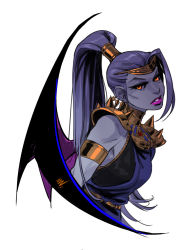 Rule 34 | 1girl, ancient greek clothes, armlet, breasts, colored sclera, colored skin, commentary, demon wings, earrings, english commentary, gorget, greco-roman clothes, grey sclera, grey skin, hades (series), hades 1, high ponytail, jewelry, lips, lipstick, long hair, looking at viewer, makeup, megaera (hades), orange eyes, pink lips, portrait, purple hair, single wing, sleeveless, small breasts, solo, spiked pauldrons, tiara, vashperado, white background, wings