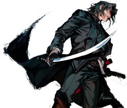 Rule 34 | 1boy, black hair, black jacket, black pants, golden kamuy, highres, hijikata toshizou (golden kamuy), holding, holding sword, holding weapon, jacket, katana, long hair, looking to the side, male focus, pants, simple background, solo, sword, weapon, white background, aged down, zifletts