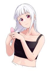 Rule 34 | 1girl, absurdres, alternate hairstyle, arashi chisato, artist name, artist request, bare shoulders, black shirt, blush, breasts, close-up, collarbone, double bun, female focus, hair brush, hair bun, hair down, hair tie, highres, holding, holding hair brush, long hair, looking at viewer, love live!, love live! superstar!!, parted lips, red eyes, shirt, sleeveless, sleeveless shirt, small breasts, smile, solo, upper body, white background, white hair