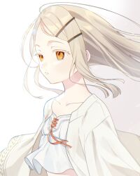 Rule 34 | 1girl, camisole, collarbone, expressionless, floating hair, gakuen idolmaster, grey hair, hair ornament, hairclip, highres, idolmaster, jacket, long hair, looking to the side, nitayax, open clothes, open jacket, orange eyes, parted lips, shinosawa hiro, simple background, solo, upper body, white background, white camisole, wind