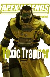 Rule 34 | 1boy, animification, apex legends, beard, bleach, brown eyes, brown hair, caustic (apex legends), clenched hands, cover, cover page, facial hair, fake cover, gas mask, gloves, goggles, hazmat suit, highres, logo parody, male focus, manga cover, mask, one eye covered, solo, thundergotch, v-shaped eyebrows, walking, white background, yellow gloves