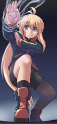 Rule 34 | 1girl, ahoge, bike shorts, blonde hair, closed mouth, commentary request, fighting stance, green eyes, highres, jacket, koshirae tsurugi (m.m), long hair, m.m, open palm, original, pants, shoes, solo, steam, track jacket