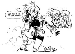 Rule 34 | 3girls, annoyed, bandaid, bandaid on cheek, bandaid on face, boots, breasts, cartoonized, cleavage, commentary, crop top, crossover, dirty pair, dust, english commentary, english text, gloves, greyscale, gun, gutalalaman, hands on own face, heart, heart-shaped eyes, highres, holding, holding gun, holding weapon, iria (zeiram), iria zeiram the animation, kei (dirty pair), long hair, looking to the side, medium breasts, mole, mole under eye, monochrome, multiple girls, on one knee, open hand, short hair, shorts, toon (style), torn clothes, underbust, v-shaped eyebrows, weapon, yuri (dirty pair)