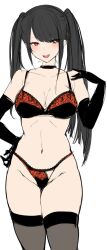 Rule 34 | 1girl, :d, absurdres, agetama, black choker, black gloves, black hair, black thighhighs, bra, breasts, choker, date a live, elbow gloves, gloves, groin, hand on own hip, hand up, heterochromia, highres, lace, lace-trimmed bra, lace-trimmed panties, lace trim, lingerie, long hair, looking at viewer, medium breasts, navel, open mouth, panties, red eyes, simple background, sketch, smile, solo, stomach, thighhighs, tokisaki kurumi, twintails, two-tone bra, two-tone panties, underwear, underwear only, unfinished, yellow eyes