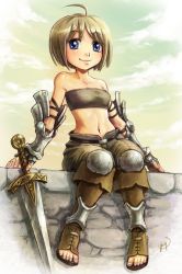 Rule 34 | 1girl, ahoge, armor, blonde hair, blue eyes, breasts, gauntlets, looking at viewer, maxa&#039;, midriff, navel, original, outdoors, petite, sandals, shoes, short hair, small breasts, smile, solo, strapless, sword, toenails, toes, tube top, weapon, wide hips