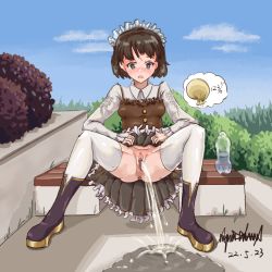 Rule 34 | 1girl, 2022, 20s, 4mper5and, anus, bench, blush, boots, bottle, brown dress, brown eyes, brown hair, bush, clothes lift, cloud, dated, dress, drink, grey shirt, grey thighhighs, lifted by self, long sleeves, looking down, maid, maid headdress, may, no panties, open mouth, original, peeing, public indecency, puddle, purple footwear, pussy, shirt, short hair, sitting, skirt, skirt lift, sky, sleeveless, sleeveless dress, thighhighs, uncensored, urine bag, urine meter, water, water bottle