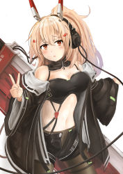 Rule 34 | 1girl, absurdres, ayanami (azur lane), ayanami (rock &#039;n&#039; demon) (azur lane), ayanami (rock &#039;n&#039; demon) (azur lane), azur lane, black jacket, black pantyhose, black shorts, blonde hair, blush, breasts, hair ribbon, headphones, highres, huge filesize, jacket, jacket on shoulders, long hair, looking at viewer, medium breasts, navel, open clothes, open mouth, open shorts, pantyhose, ponytail, ribbon, shorts, solo, stomach, strapless, umber00, v, white background