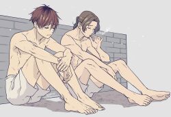 Rule 34 | 2boys, absurdres, barefoot, black hair, boxers, brick wall, closed eyes, closed mouth, commentary request, dated, frown, full body, hair between eyes, hand up, highres, male focus, male underwear, multiple boys, parted bangs, red hair, sein (sousou no frieren), short hair, sitting, smoke, smoking, sousou no frieren, stark (sousou no frieren), takehide, twitter username, underwear, underwear only