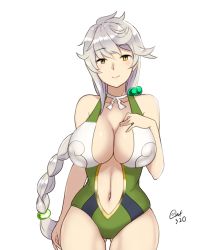 Rule 34 | 10s, 1girl, alternate costume, ass, asymmetrical hair, bare arms, bare shoulders, braid, breasts, cloud print, cowboy shot, gluteal fold, hand on own chest, hayabusa, highres, huge breasts, impossible clothes, jitome, kantai collection, light smile, long hair, multicolored clothes, multicolored swimsuit, navel, signature, silver hair, single braid, skindentation, slit pupils, solo, swimsuit, thighs, unryuu (kancolle), very long hair, yellow eyes