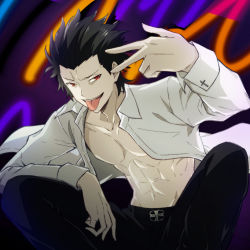 Rule 34 | &gt;:), 1boy, :d, abs, azami masurao, belt, belt buckle, black hair, black pants, buckle, collarbone, collared shirt, commentary request, cross, dress shirt, feet out of frame, hair slicked back, long sleeves, looking at viewer, male focus, melty blood, michael roa valdamjong, no nipples, open clothes, open mouth, open shirt, pants, purple background, red eyes, shirt, short hair, smile, solo, squatting, teeth, toned, toned male, tongue, tongue out, tsukihime, tsukihime (remake), tsurime, upper teeth only, v-shaped eyebrows, w, white shirt, wing collar