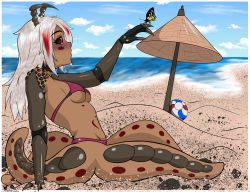 Rule 34 | absurdres, antennae, arthropod girl, ball, beach, beachball, bikini, blush, breasts, bug, butterfly, choker, claws, cpt.tester works, full body, highres, insect, long bangs, long hair, looking away, peaches (cpt.tester), petite, red eyes, sand, shell, small breasts, swimsuit, tattoo, two-piece swimsuit, umbrella, water, white hair