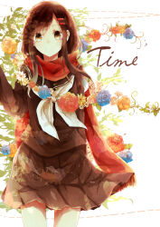 Rule 34 | 1girl, arm behind back, bad id, bad pixiv id, black sailor collar, black serafuku, black skirt, blue flower, blue rose, brown eyes, brown hair, closed mouth, commentary, cowboy shot, cursive, dotted line, english text, enpera, floral background, flower, gradient eyes, hair ornament, hairclip, kagerou project, kinami mochiko, leaf, long hair, looking at viewer, multicolored eyes, neckerchief, orange flower, orange rose, pink flower, pink rose, plant, pleated skirt, red flower, red rose, red scarf, rose, sailor collar, scarf, school uniform, serafuku, single stripe, skirt, smile, solo, straight-on, striped, swept bangs, tateyama ayano, white background, white neckerchief, white stripes