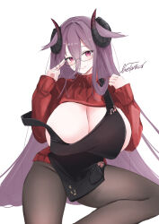 Rule 34 | 1girl, apron, artist name, azur lane, black-framed eyewear, black apron, black horns, black pantyhose, breast cutout, breasts, cleavage, collared sweater, curled horns, friedrich carl (a game of love) (azur lane), friedrich carl (azur lane), highres, horns, huge breasts, livetarica, long hair, long sleeves, looking at viewer, mole, mole on breast, official alternate costume, pantyhose, purple eyes, purple hair, rectangular eyewear, red sweater, semi-rimless eyewear, simple background, solo, sweater, very long hair, white background
