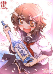 Rule 34 | 10s, 1girl, alcohol, black thighhighs, blush, bottle, brown eyes, brown hair, character name, cherry blossoms, dated, fang, hair ornament, hairclip, ikazuchi (kancolle), kantai collection, looking at viewer, neckerchief, red neckerchief, sake, school uniform, serafuku, short hair, sitting, smile, solo, takana shinno, thighhighs, translation request, wariza