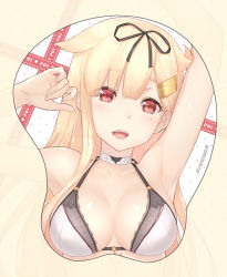 Rule 34 | 10s, 1girl, blonde hair, bra, breast mousepad, breasts, cleavage, commentary request, dan (kumadan), fangs, hair flaps, kantai collection, long hair, looking at viewer, md5 mismatch, medium breasts, mousepad, mousepad (medium), open mouth, red eyes, resolution mismatch, smile, solo, source larger, underwear, yuudachi (kancolle), yuudachi kai ni (kancolle)