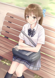 Rule 34 | 1girl, bag, bench, black socks, blue bow, blue bowtie, blue skirt, blush, bow, bowtie, breasts, brown eyes, brown hair, closed mouth, collared shirt, commentary request, hair bow, kneehighs, long hair, looking at viewer, low ponytail, on bench, original, park bench, plaid, plaid bow, plaid bowtie, plaid neckwear, pleated skirt, polka dot, polka dot bow, ponytail, school bag, school uniform, shirt, skirt, small breasts, smile, socks, solo, white shirt, yukimaru217