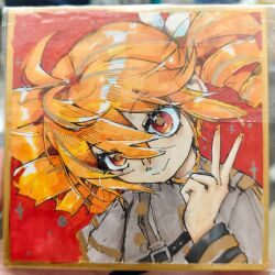 Rule 34 | 1girl, absurdres, alternate hair color, closed mouth, drill hair, grey jacket, hair between eyes, hand up, highres, jacket, kasane teto, kasane teto (sv), kohiko, long sleeves, looking at viewer, marker (medium), orange hair, red background, red eyes, shikishi, shoulder belt, solo, synthesizer v, third-party source, traditional media, twin drills, upper body, utau, v