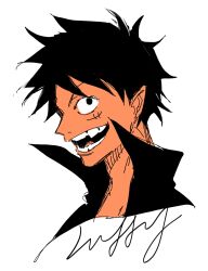 Rule 34 | 1boy, alternate costume, character name, cropped torso, fangs, happy, highres, male focus, mrjieshisu, one piece, open mouth, popped collar, portrait, sanpaku, short hair, simple background, solo, toned, toned male, vampire, very short hair, white background