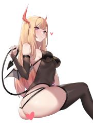 Rule 34 | 1girl, ass, black leotard, black thighhighs, blonde hair, breasts, butt crack, censored, chen yang yang, colored tips, demon girl, demon horns, demon tail, heart, heart censor, highres, holding own tail, horns, kitagawa marin, leotard, medium breasts, multicolored hair, nail polish, parted lips, pink eyes, pink nails, simple background, sitting, smile, solo, sono bisque doll wa koi wo suru, tail, thighhighs, white background
