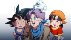 Rule 34 | 1girl, 2boys, bandana, belt, black hair, blue eyes, child, commentary request, dougi, dragon ball, dragon ball gt, fingerless gloves, giru (dragon ball), gloves, grandfather and granddaughter, jacket, multiple boys, open mouth, orange bandana, pan (dragon ball), pants, purple hair, red shirt, robot, rom (20), shirt, short hair, simple background, smile, son goku, spiked hair, trunks (dragon ball), wristband