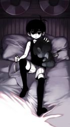 Rule 34 | 1boy, alfalfa juice, black eyes, black hair, black thighhighs, closed mouth, collarbone, colored skin, expressionless, highres, holding, holding knife, holding stuffed toy, indoors, knife, lifebuoy, looking at viewer, omori, omori (omori), on bed, short hair, shorts, sitting, solo, spoilers, stuffed toy, swim ring, tank top, thighhighs, white skin