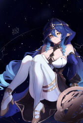 Rule 34 | 1girl, absurdres, blue hair, blue hood, blue sleeves, breasts, detached sleeves, drill hair, drill sidelocks, genshin impact, gold choker, gold footwear, high-waist skirt, highres, hood, hood up, jewelry, large breasts, layla (genshin impact), long hair, neck ring, night, night sky, pantyhose, piaoyao, pointy ears, ringlets, sidelocks, skirt, sky, solo, star (sky), star (symbol), starry background, thigh strap, thighlet, thighs, twin drills, white pantyhose, yellow eyes