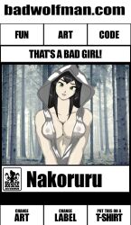 Rule 34 | 1girl, artist name, black hair, breasts, cleavage, covered erect nipples, english text, forest, highres, hood, hoodie, large breasts, looking at viewer, nakoruru, nature, no bra, samurai spirits, see-through, smile, snk, solo, the king of fighters, yellow eyes