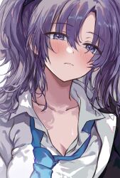 1girl blue_archive blue_necktie blush breasts cleavage closed_mouth collarbone collared_shirt highres long_hair looking_at_viewer medium_breasts necktie purple_eyes purple_hair saya_(mychristian2) shirt simple_background solo two_side_up upper_body white_background white_shirt yuuka_(blue_archive)