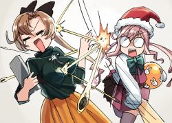Rule 34 | 2girls, akigumo (kancolle), ball, blouse, bow, bowtie, brown hair, closed eyes, commentary request, double bun, glasses, green sweater, hagoita, hair bun, hair ribbon, halterneck, hat, kantai collection, long hair, long sleeves, makigumo (kancolle), mizoki kei, multiple girls, official alternate costume, opaque glasses, paddle, pink hair, ponytail, ribbon, santa hat, shirt, sleeves past fingers, sleeves past wrists, sweater, tears, thighhighs, throwing, twintails, white shirt