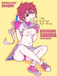 Rule 34 | 1girl, ass, breasts, brown hair, capcom, cellphone, character name, clothes lift, english text, fingerless gloves, gloves, grin, headband, holding, holding phone, inverted nipples, kasugano sakura, looking at viewer, navel, nipples, one eye closed, panties, patreon username, phone, pongldr, school uniform, shirt lift, shoes, sitting, skirt, smartphone, smile, sneakers, solo, street fighter, underwear, v, yellow background