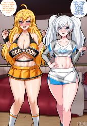 Rule 34 | 2girls, ahoge, alternate breast size, blonde hair, blue eyes, blue skirt, blush, breasts, cheerleader, clothing cutout, commentary, crop top, earrings, english commentary, english text, hair between eyes, highres, huge breasts, jewelry, linea alba, long hair, long sleeves, medium breasts, midriff, miniskirt, multiple girls, navel, pleated skirt, purple eyes, revealing clothes, rwby, scar, scar across eye, scar on face, skirt, smile, socks, speech bubble, standing, stomach, tabletknight, thick thighs, thighs, twintails, two-tone skirt, underboob, underboob cutout, very long hair, wavy hair, weiss schnee, white hair, white skirt, white socks, wide hips, yang xiao long, yellow skirt