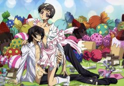 Rule 34 | 00s, 2boys, absurdres, arm support, ass, ass grab, black hair, bowl, brothers, brown hair, cake, can, candy, cherry, code geass, cookie cutter, cream, crossdressing, dress, dress shirt, food, fruit, hand on ass, heart, highres, hug, huge filesize, icing, incest, kneeling, leg up, lelouch vi britannia, male focus, measuring cup, messy, multiple boys, off shoulder, official art, open clothes, open fly, open shirt, oven mitts, pants, pastry, purple eyes, rolo lamperouge, sakou yukie, shirt, shirt grab, shoes, siblings, sitting, smile, socks, spill, strawberry, sweets, unzipped, whisk, yaoi