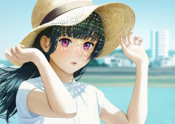 Rule 34 | 1girl, arms up, bad id, bad pixiv id, black hair, blunt bangs, blurry, blurry background, blush, commentary, dappled sunlight, day, depth of field, english commentary, hands on headwear, hat, long hair, love live!, love live! sunshine!!, outdoors, papi (papiron100), parted lips, shirt, short sleeves, solo, sun hat, sunlight, tsushima yoshiko, upper body, white shirt, yellow hat