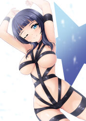 Rule 34 | 1girl, ;), armpits, arms up, asaka karin, black hair, blue eyes, blunt bangs, blush, breasts, bunji, closed mouth, covered navel, cowboy shot, dutch angle, gluteal fold, highres, hot limit, large breasts, long hair, looking at viewer, love live!, love live! nijigasaki high school idol club, one eye closed, revealing clothes, smile, solo, star (symbol), starry background, t.m.revolution, underboob