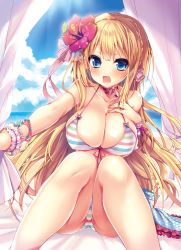 Rule 34 | 1girl, areola slip, ayuma sayu, beach, bikini, blonde hair, blue eyes, blush, breasts, cleavage, covered erect nipples, day, female focus, flower, front-tie top, hair flower, hair ornament, hair ribbon, hibiscus, large breasts, long hair, looking at viewer, ocean, open mouth, original, outdoors, ribbon, shiny skin, smile, solo, striped bikini, striped clothes, swimsuit, water, wrist cuffs