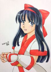 Rule 34 | 1girl, ainu clothes, artist name, black hair, breasts, dated, fingerless gloves, gloves, grey eyes, hair ribbon, highres, large breasts, legs, long hair, nakoruru, open mouth, own hands together, pants, ribbon, samurai spirits, smile, snk, solo, the king of fighters, thighs, traditional media
