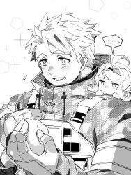 Rule 34 | ..., 2boys, ahoge, blush, commentary, cupid (housamo), curly hair, flying sweatdrops, furrowed brow, gloves, greyscale, highres, holding, holding snowball, hood, hooded jacket, jacket, jitome, looking at object, male focus, monochrome, multiple boys, nizitaro, open mouth, bulletproof vest, short hair, sideburns, smile, snowball, sparkle background, speech bubble, tareme, tennouji shin&#039;ya, tokyo houkago summoners, upper body