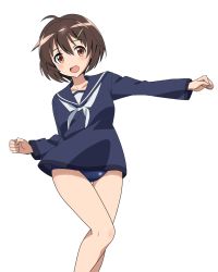 Rule 34 | 1girl, anime coloring, brave witches, brown eyes, brown hair, commentary, hair ornament, hairclip, highres, kaneko (novram58), karibuchi hikari, open mouth, running, school swimsuit, school uniform, serafuku, short hair, simple background, smile, solo, swimsuit, swimsuit under clothes, white background, world witches series