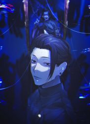Rule 34 | 2boys, ^ ^, black eyes, black hair, black jacket, blue background, blue theme, closed eyes, closed mouth, dual persona, ear piercing, getou suguru, hair pulled back, hand up, highres, jacket, jujutsu kaisen, kuropani cos, long hair, looking at viewer, male focus, mirror, multiple boys, open mouth, piercing, reflection, short hair, smile, stitching, upper body