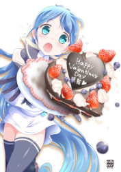 Rule 34 | 10s, 1girl, blue eyes, blue hair, blueberry, cake, candy, chocolate, chocolate heart, commentary request, elbow gloves, food, fruit, gloves, gradient hair, heart, heart-shaped food, highres, kantai collection, long hair, multicolored hair, open mouth, plate, samidare (kancolle), school uniform, serafuku, shirt, skirt, sleeveless, sleeveless shirt, solo, strawberry, thighhighs, tripping, valentine, very long hair, yamaneko suzume