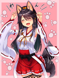 Rule 34 | 1girl, ^ ^, animal ears, bare shoulders, black hair, closed eyes, collarbone, detached sleeves, dog ears, dog tail, hairband, haruna (kancolle), highres, japanese clothes, kantai collection, kemonomimi mode, long hair, nontraditional miko, open mouth, paw print, pleated skirt, red skirt, ribbon-trimmed sleeves, ribbon trim, sarashi, skirt, smile, solo, tail, tsukui kachou, wide sleeves