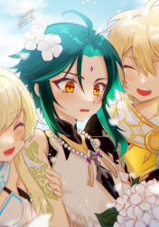Rule 34 | 1girl, 2boys, aether (genshin impact), arm tattoo, bare shoulders, bead necklace, beads, black hair, blonde hair, blush, braid, breasts, closed eyes, detached sleeves, dress, earrings, facial mark, flower, forehead mark, genshin impact, gloves, green hair, hair between eyes, hair flower, hair ornament, hetero, highres, holding, jewelry, kisekisaki, long hair, long sleeves, looking at viewer, lumine (genshin impact), male focus, multicolored hair, multiple boys, necklace, open mouth, scarf, short hair, short hair with long locks, simple background, single braid, smile, solo, tassel, tattoo, white dress, xiao (genshin impact), yellow eyes
